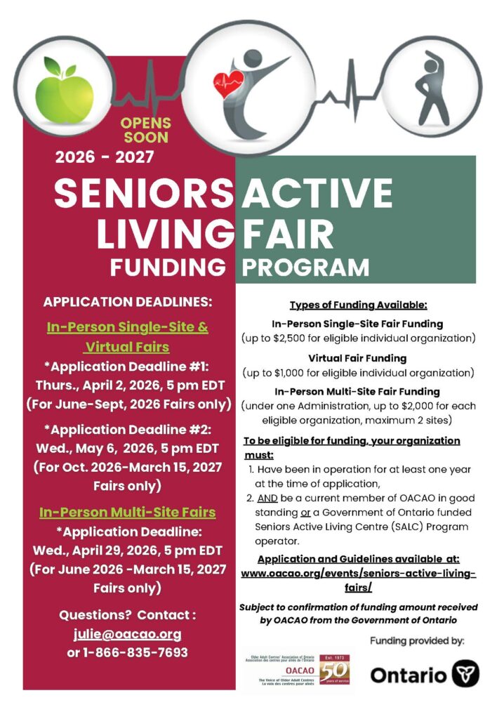 Seniors Active Living Fair Funding Progam Announcement - Opens Soon. Image: three circle with apple, heart and active person.